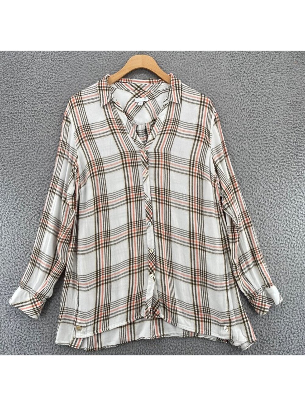 J Jill Top Womens Medium White Brown Plaid Button Up Collar Long Sleeve Casual